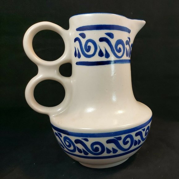 Rare Salt Glaze Stoneware 8" tall Pitcher w/ Double Ring Handles Cobalt Blue des - Picture 1 of 6